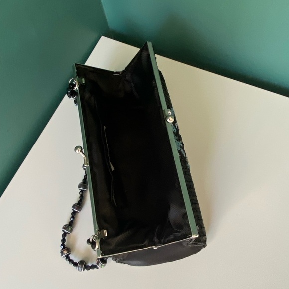 VINTAGE 1960s Black Beaded Sequin Rose Purse with Handle 🌹 Evening Wedding Mini - Picture 5 of 7